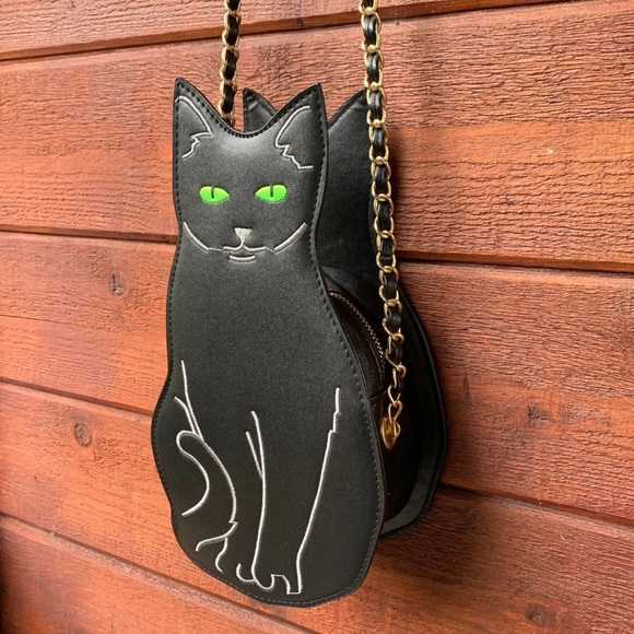 Black cat kitty crossbody purse gold chain kitten - Picture 3 of 13